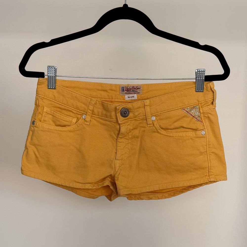 REPLAY Blue Jeans Mustard Yellow Embroidered Denim Vintage Shorts, size 27